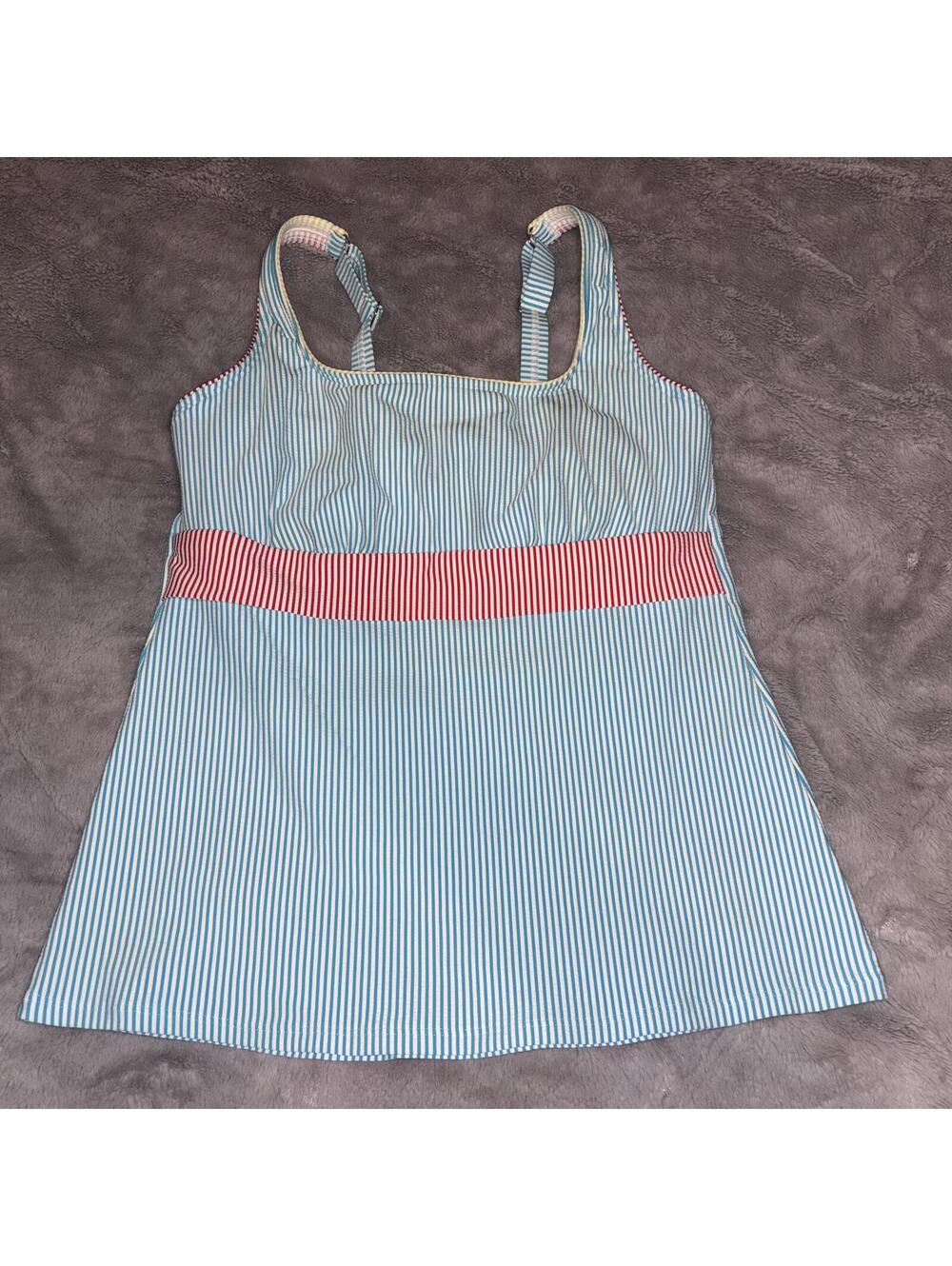 Lands' End Women's Size 10 D Blue White Stripe Swim Tankini Top Summer Preppy